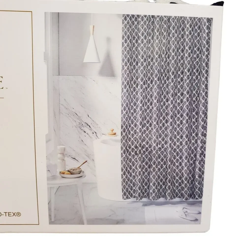 Linen Shower Curtain Everhome Henley Leaf Print Maritime Blue 72 x 72 Shower